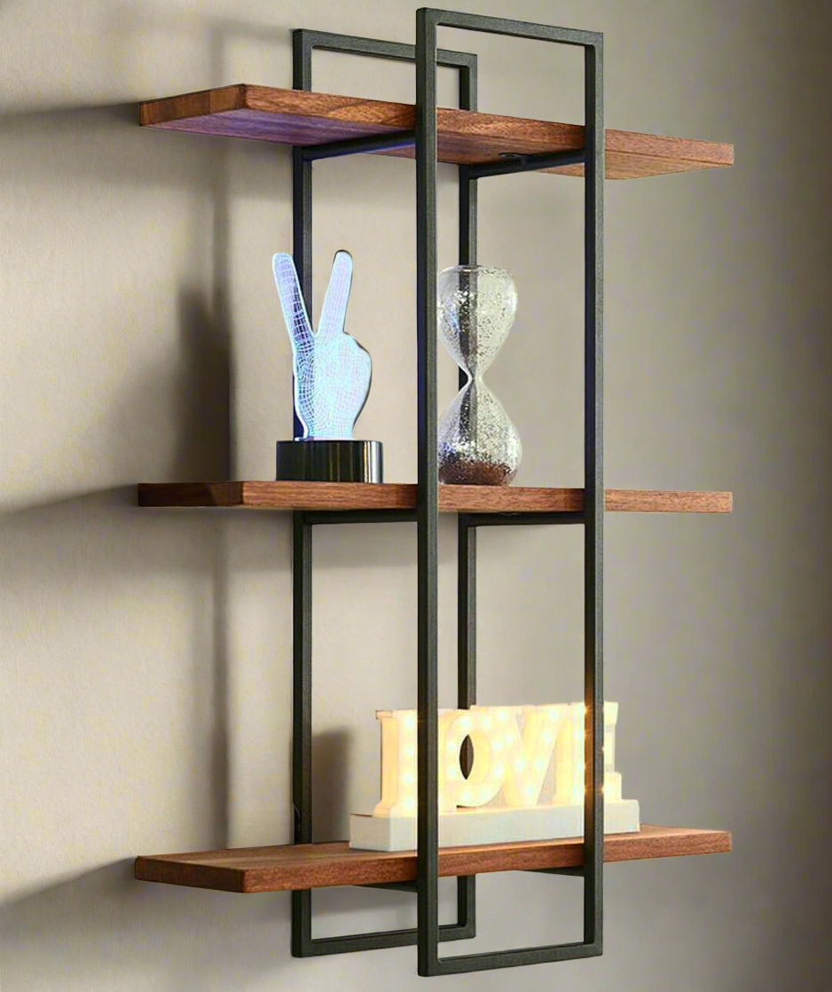 Modern Industrial Wall Shelf with Wood and Metal Frame - Decorative Storage Unit