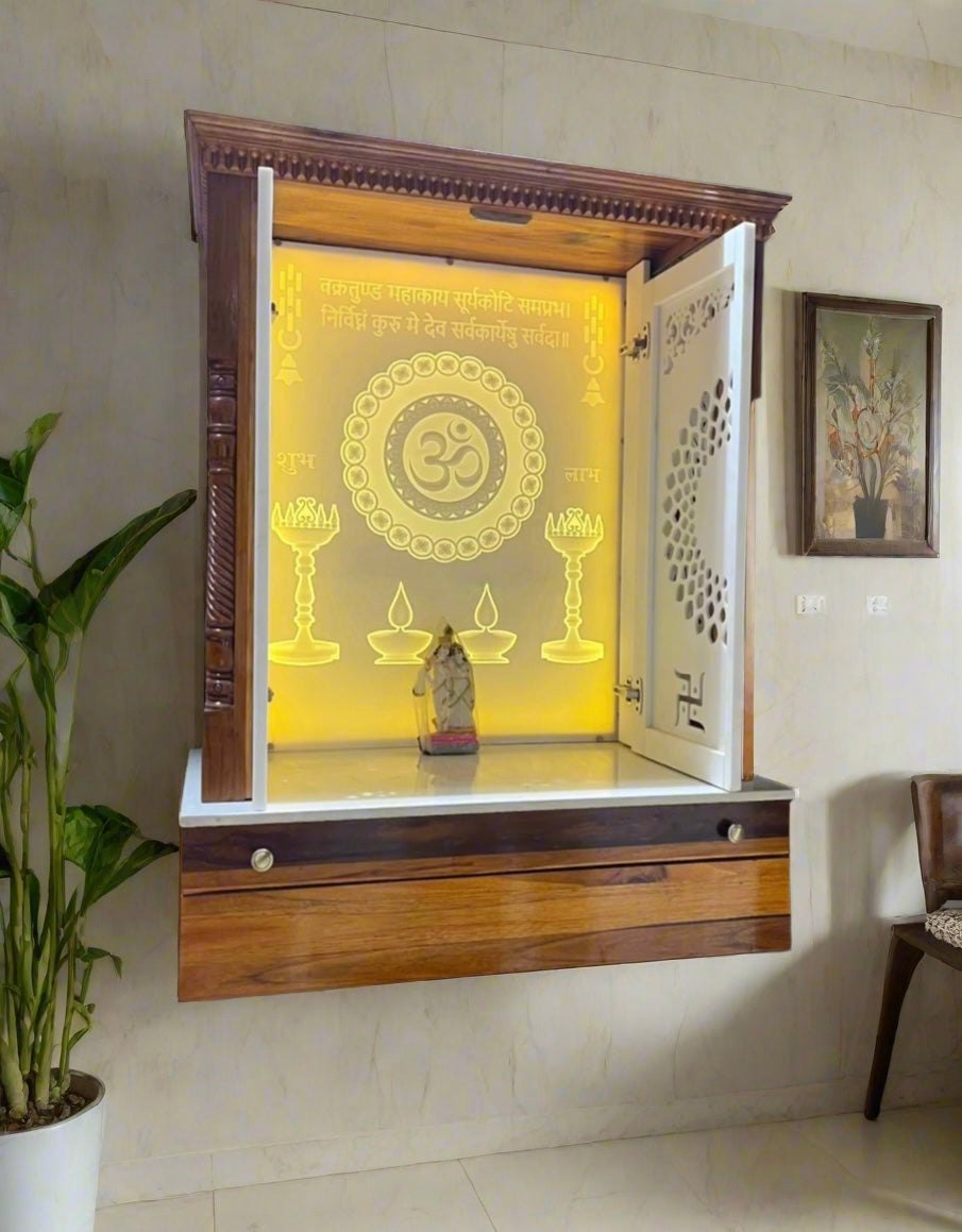 Premium wooden mandir for home with traditional carved pillars and modern Corian accents, blending classic and contemporary design.