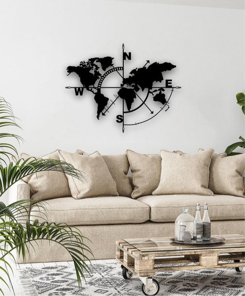 Adventure-Inspired Metal World Map Wall Art with Compass, Mountains, and Trees – Rustic Home Décor | Metal World Map Wall Art Decor, World Map Compass , Large Metal Wall Decor, Home Office Living Room Entryway Wall Hanging