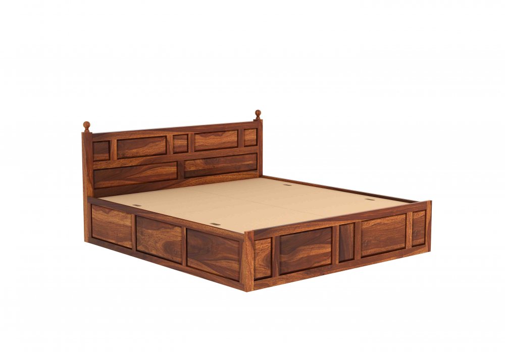 Premium Solid Wood King Size Double Bed with Storage | Natural Finish Wooden Bed - Elegant Wooden Double Bed with Storage and Modern Design