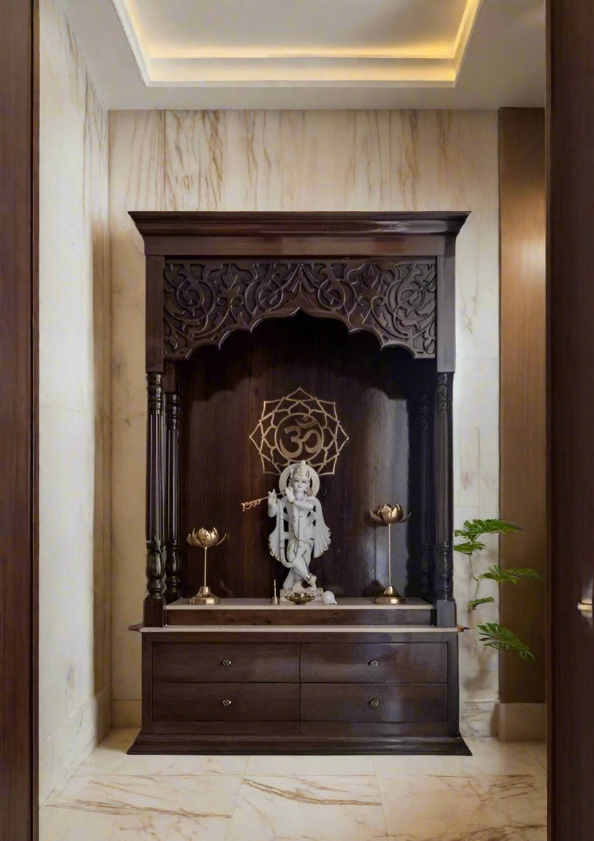 Luxury Sheesham wood pooja mandir with deep brown finish, intricate carvings, and brass diya holders—ideal for elegant Indian home interiors.