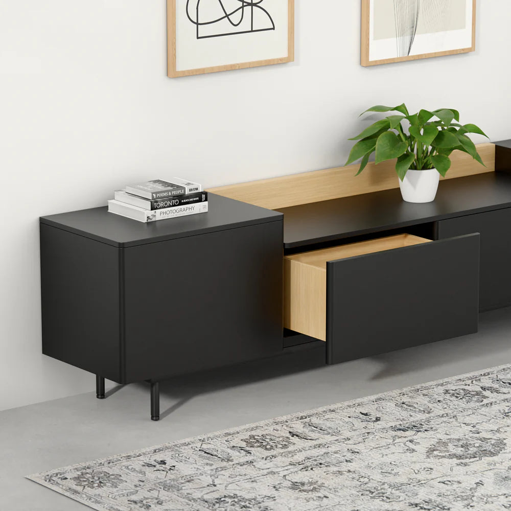 Sleek Black TV Cabinet with Wooden Accent and Modern Storage Design | Modern Black TV Cabinet with Wooden Top and Stylish Storage Solutions