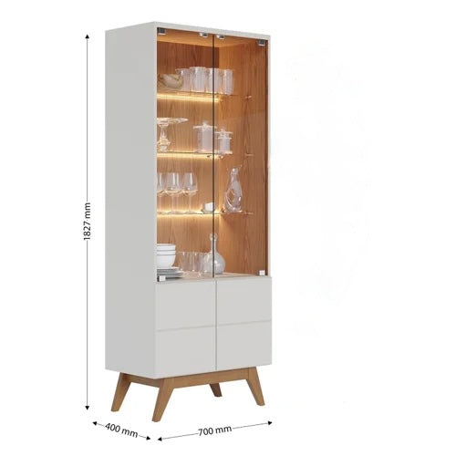 Modern Design Display Cabinet with LED Lighting and Glass Shelves – Stylish White Storage Unit with Wooden Accents