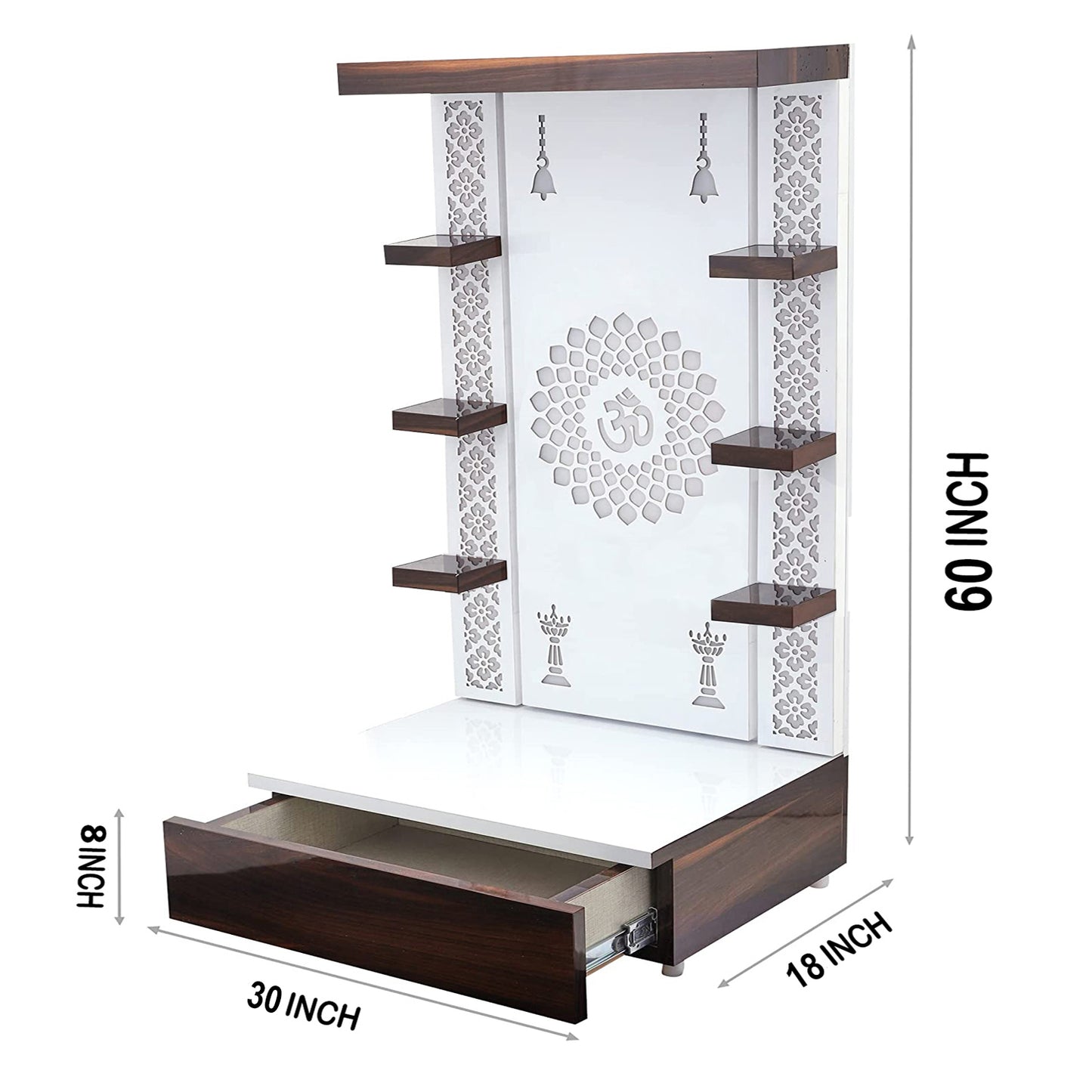 Indian style wooden pooja mandir with spiritual symbols and ambient lighting