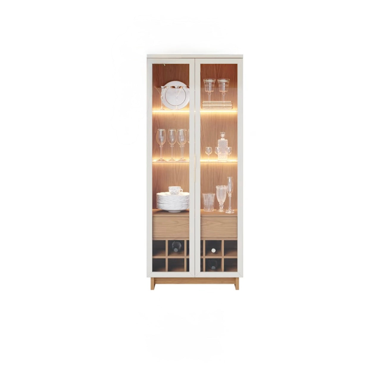 Elegant Glass Display Cabinet with LED Lights – Perfect for Dining Room or Kitchen Storage | Modern Glass Display Cabinet with LED Lighting and Wine Storage