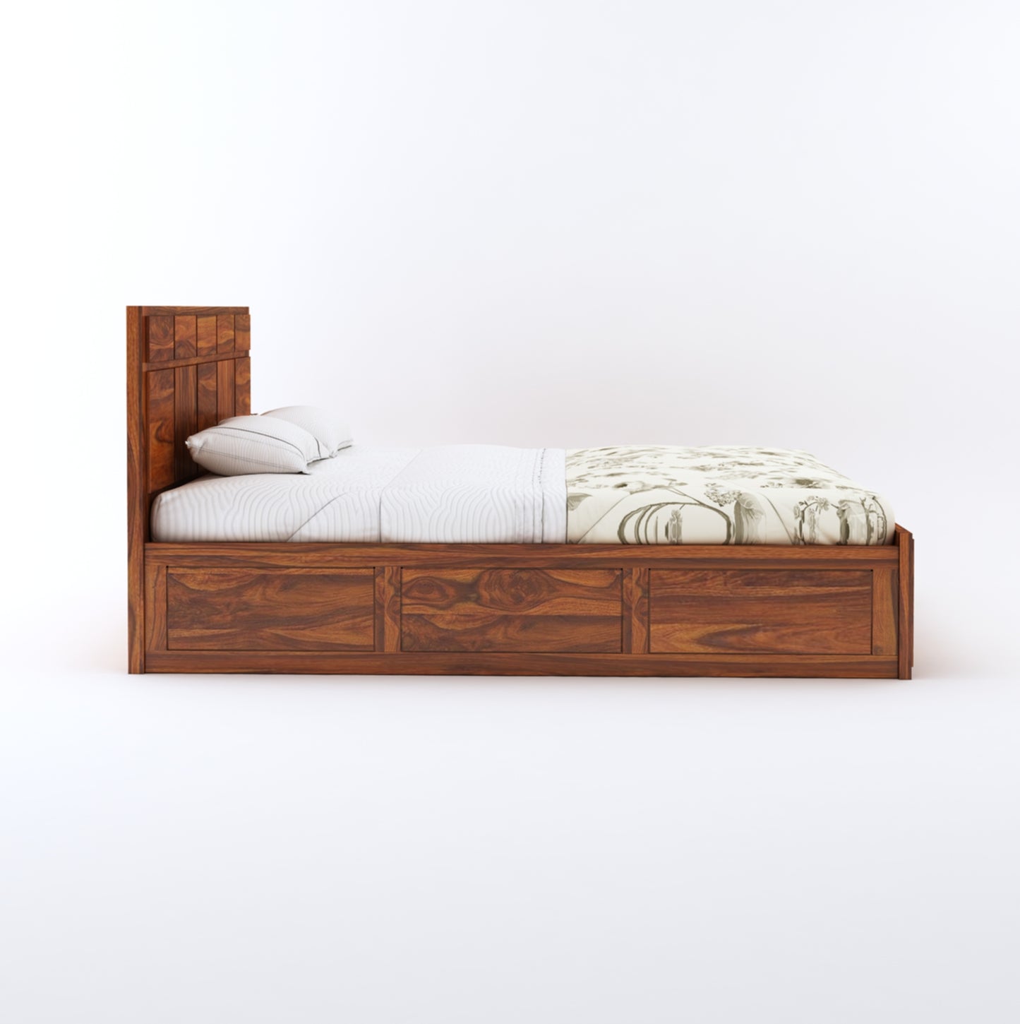Elegant King Size Solid Wood Double Bed with Storage – Modern Bedroom Furniture - Solid Sheesham Wood Double Bed with Storage and Minimalist Panel Design