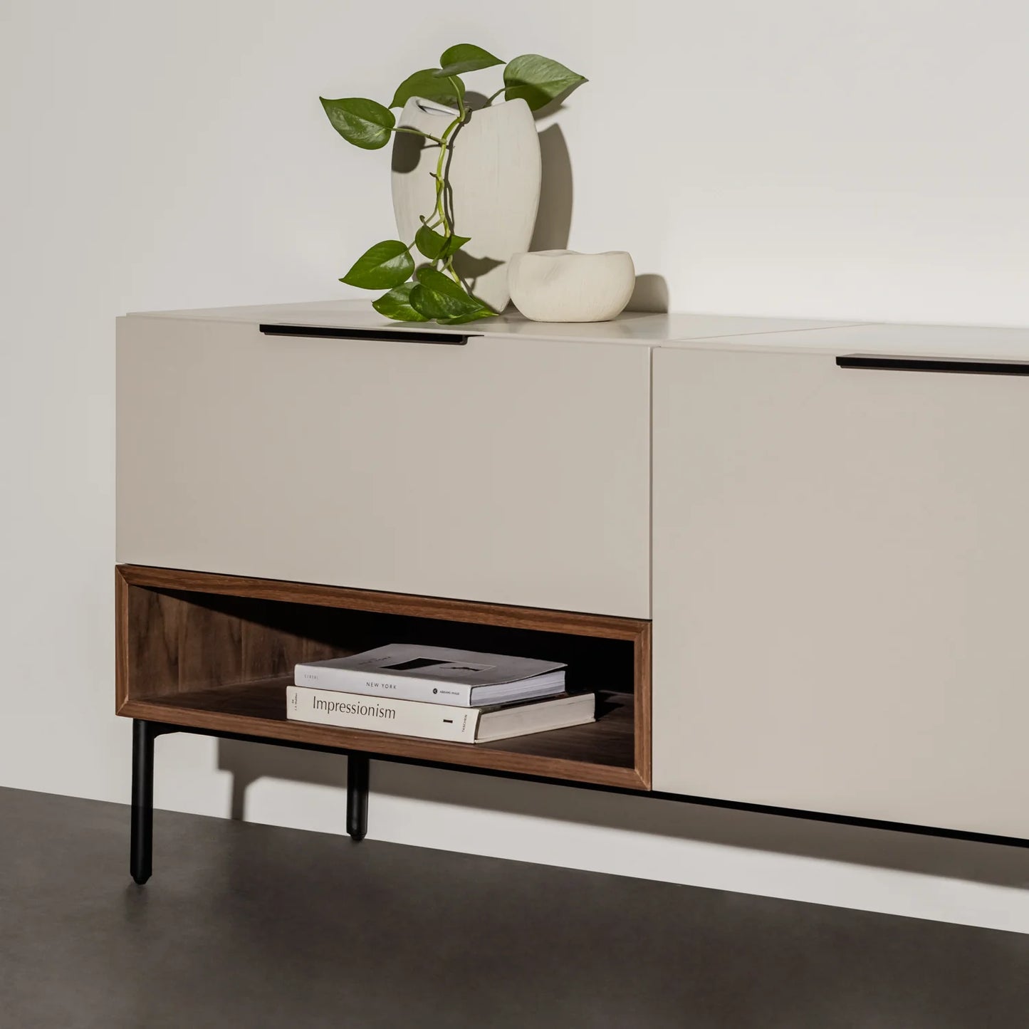 Modern Minimalist TV Cabinet with Storage - Sleek Media Console in Neutral Finish and Wooden Accents
