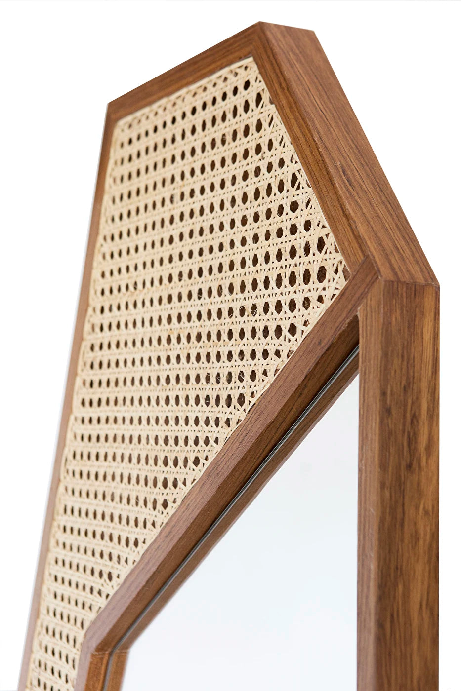 Geometric Teakwood Rattan Cane Mirror | Modern Boho Décor