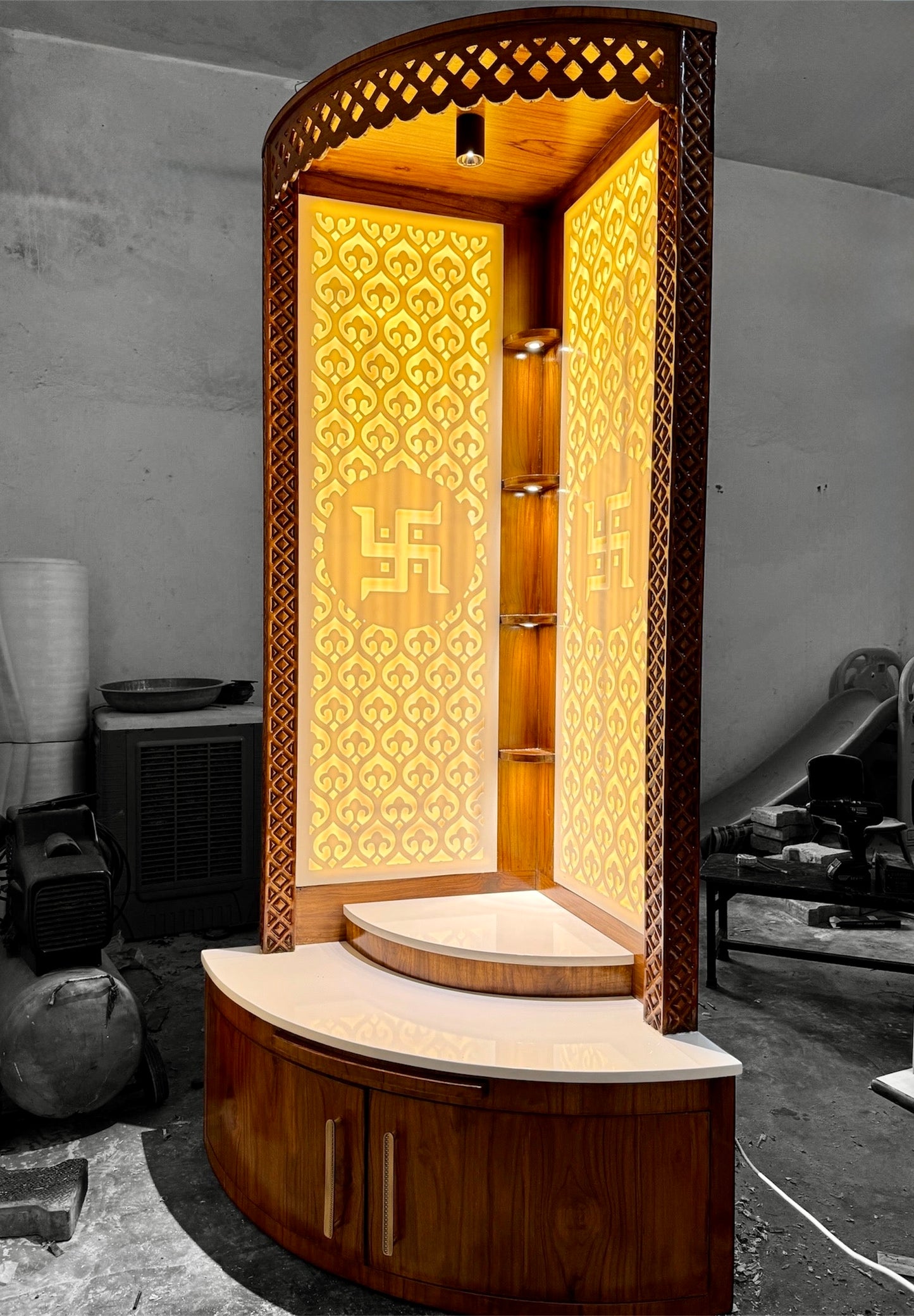 Premium corner mandir for home with ambient LED lighting and teakwood craftsmanship