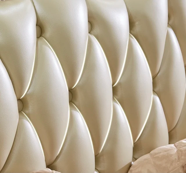 This Royal light Greenish Gold Finish luxury carved wooden bed makes your bedroom luxurious - Elegant Gold-Tufted Double Bed with Luxurious Upholstery and Classic Design