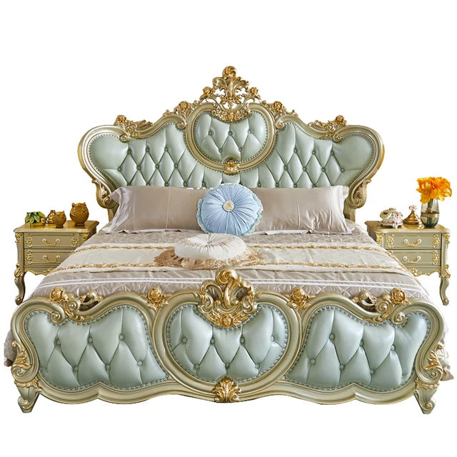 Royal luxury Italian Carved Wooden King Size Bed - Elegant French-Style Upholstered Double Bed with Tufted Headboard and Gold Detailing