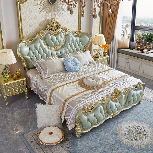 Royal luxury Italian Carved Wooden King Size Bed - Elegant French-Style Upholstered Double Bed with Tufted Headboard and Gold Detailing