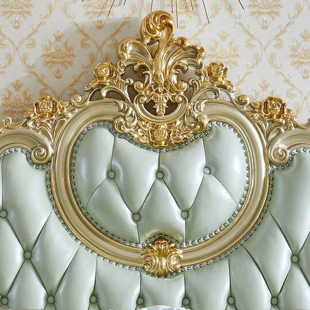 Royal luxury Italian Carved Wooden King Size Bed - Elegant French-Style Upholstered Double Bed with Tufted Headboard and Gold Detailing