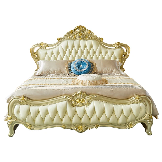 This Royal light Greenish Gold Finish luxury carved wooden bed makes your bedroom luxurious - Elegant Gold-Tufted Double Bed with Luxurious Upholstery and Classic Design