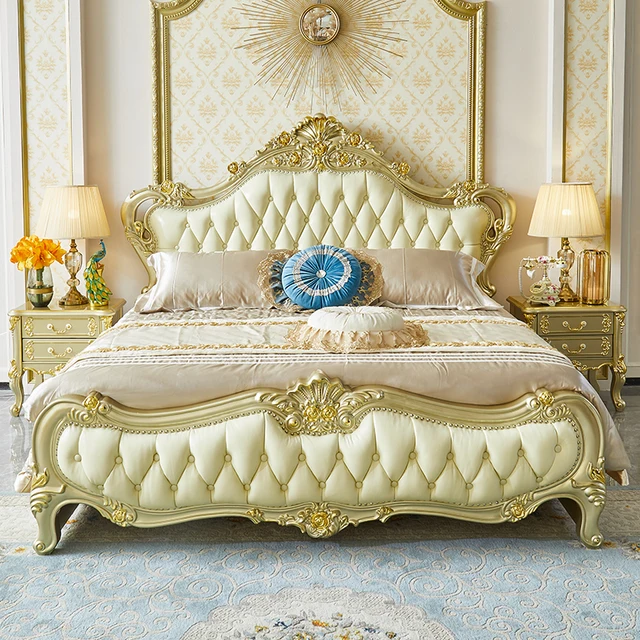This Royal light Greenish Gold Finish luxury carved wooden bed makes your bedroom luxurious - Elegant Gold-Tufted Double Bed with Luxurious Upholstery and Classic Design