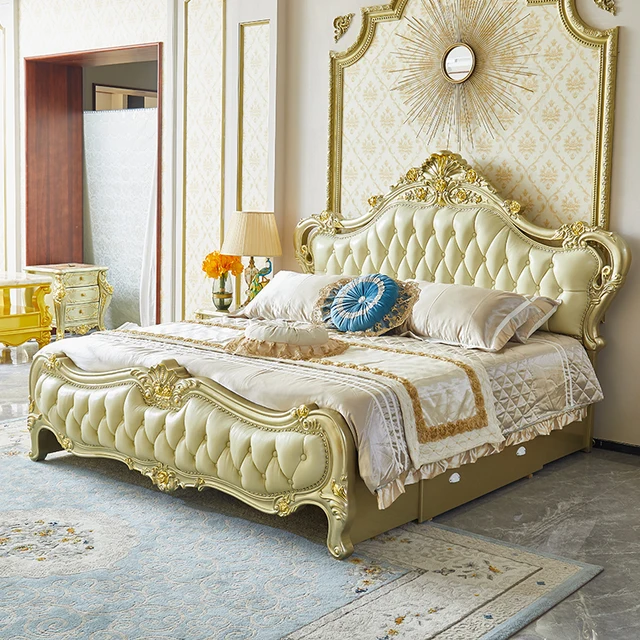 This Royal light Greenish Gold Finish luxury carved wooden bed makes your bedroom luxurious - Elegant Gold-Tufted Double Bed with Luxurious Upholstery and Classic Design