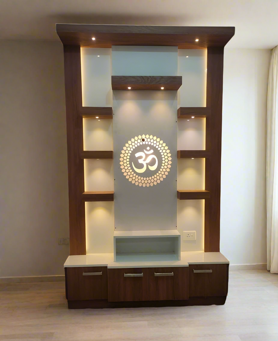 Modern Design Wooden Pooja Mandir with Illuminated Om Symbol for Home Decor - Pooja Mandir Wooden Temple White LED Light for Home and Office