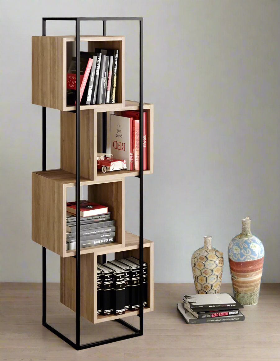 Modern Cube Bookshelf with Metal Frame – Space-Saving Wooden Storage for Home & Office