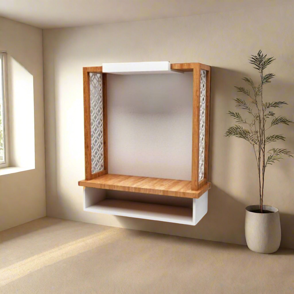 Modern home temple unit with spotlight, decorative jali panels, and Ganpati idol – space-saving pooja mandir for apartments