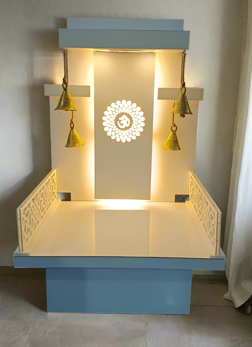 Elegant White Pooja Mandir with LED Backlight, Brass Bells, and Intricate Panel Design for Home Decor - Pooja Mandir Wooden Temple White LED Light for Home and Office (24 Inches)