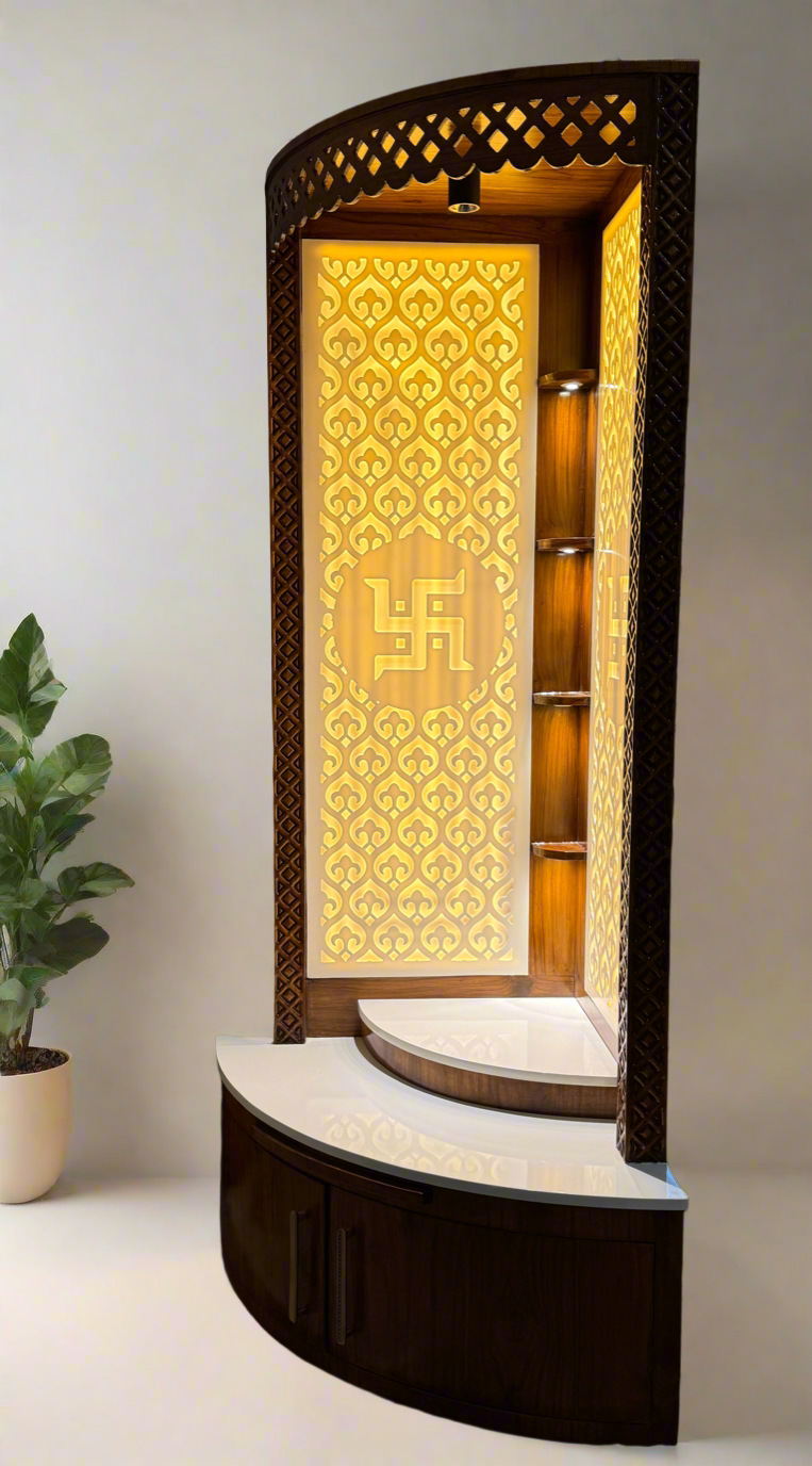 Modern teakwood and Corian corner pooja mandir with LED backlit Swastik panel