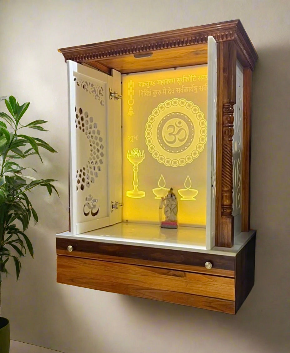 Luxury teakwood and Corian pooja mandir with LED-lit Om symbol and laser-cut double doors, ideal for modern home temple decor.