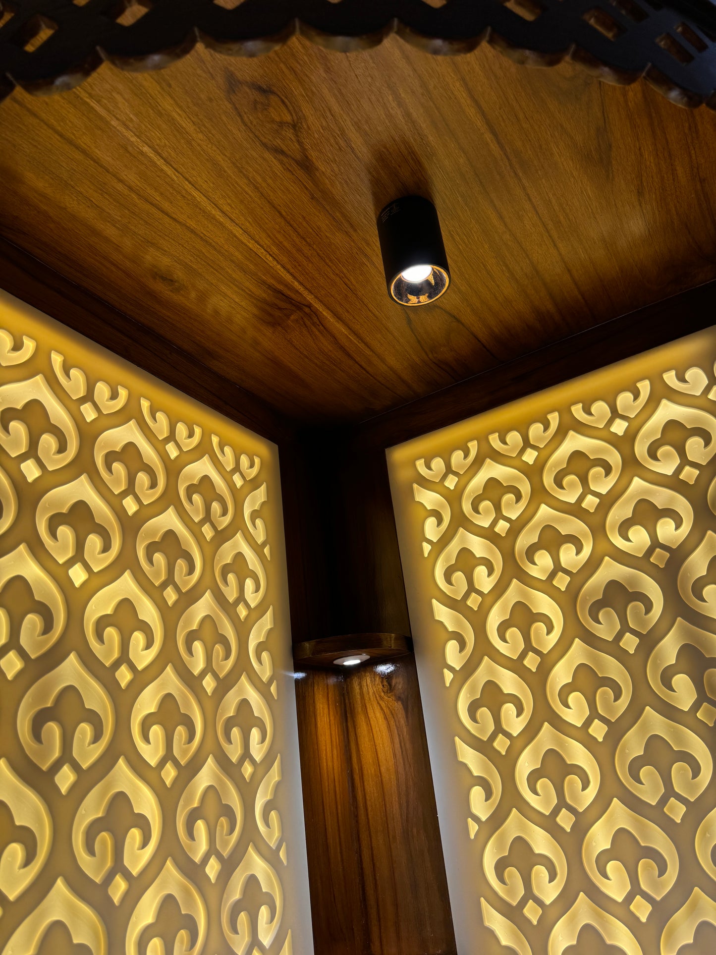 Artisan-crafted home temple with floating shelf style in teak and Corian