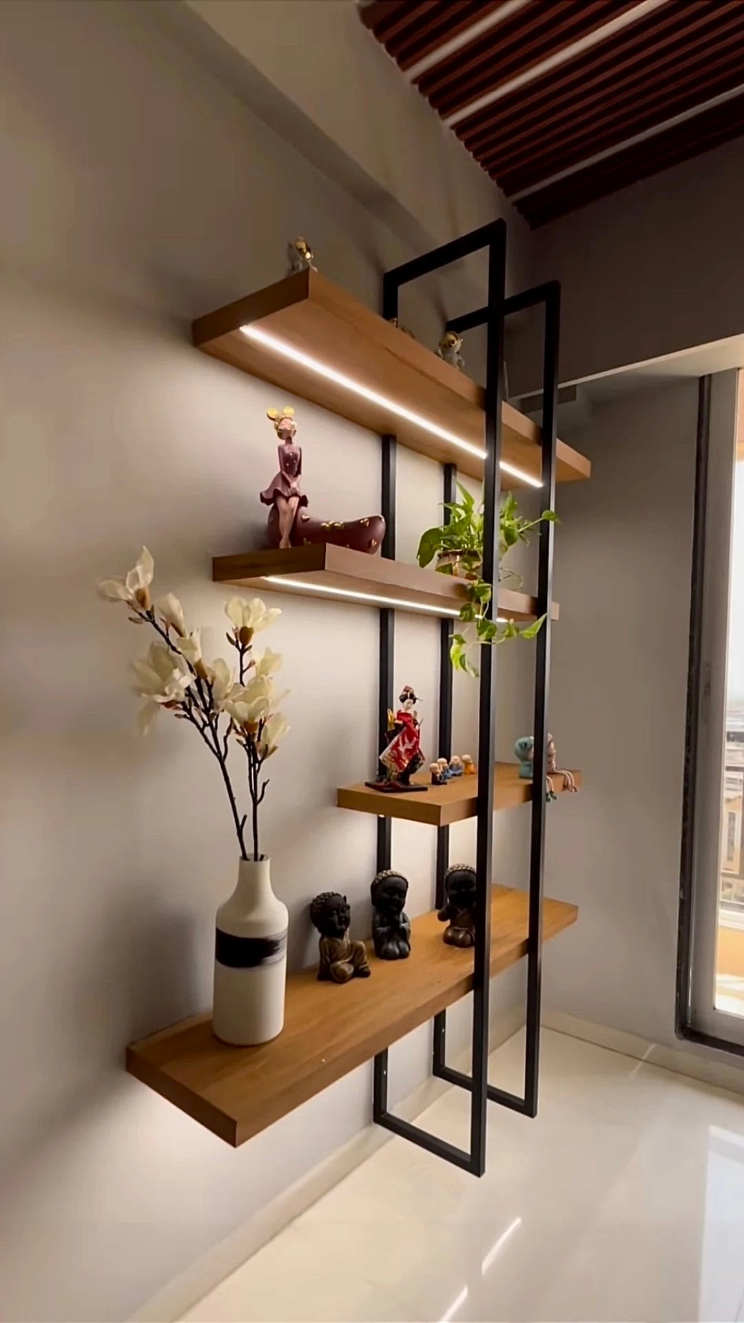 LED Illuminated Modern Design Metal & Teakwood Wall Mount Shelf/Shelves