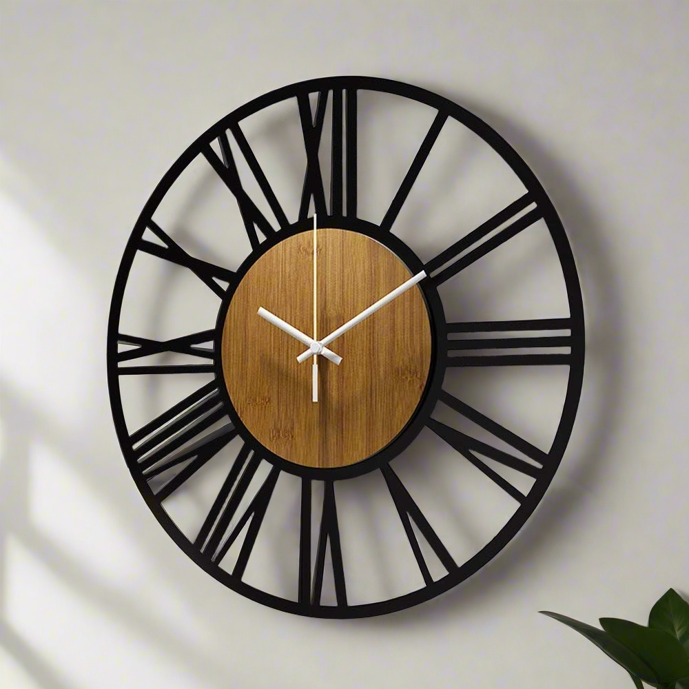 Modern Rustic Wall Clock with Roman Numerals and Wooden Center – Stylish Home Décor