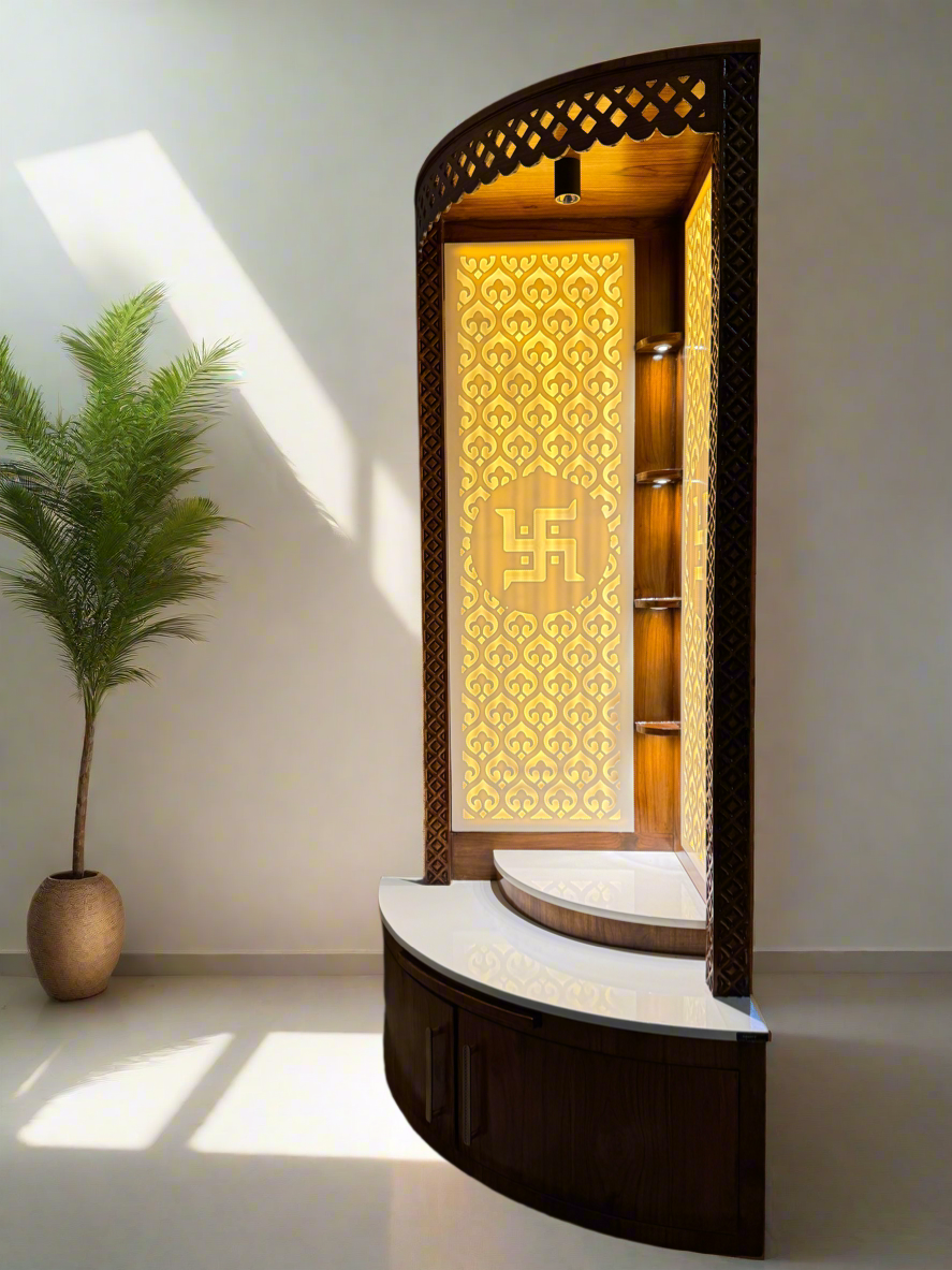 Luxury wall corner mandir handcrafted in Corian and teakwood with ambient LED lighting