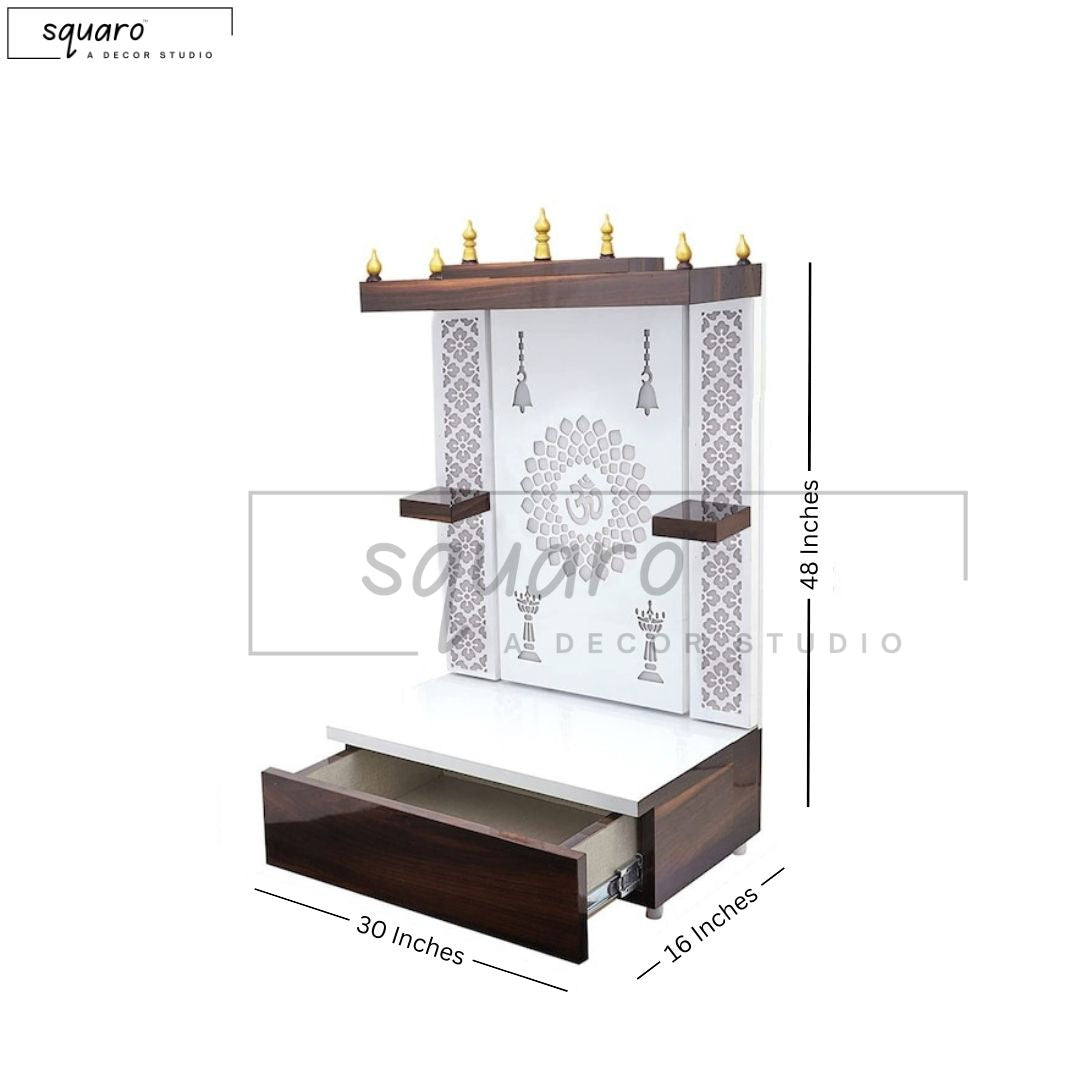 A spacious pooja mandir with a white panel featuring an Om cutout, wooden detailing, and golden accents, making it an ideal choice for traditional prayer rooms.