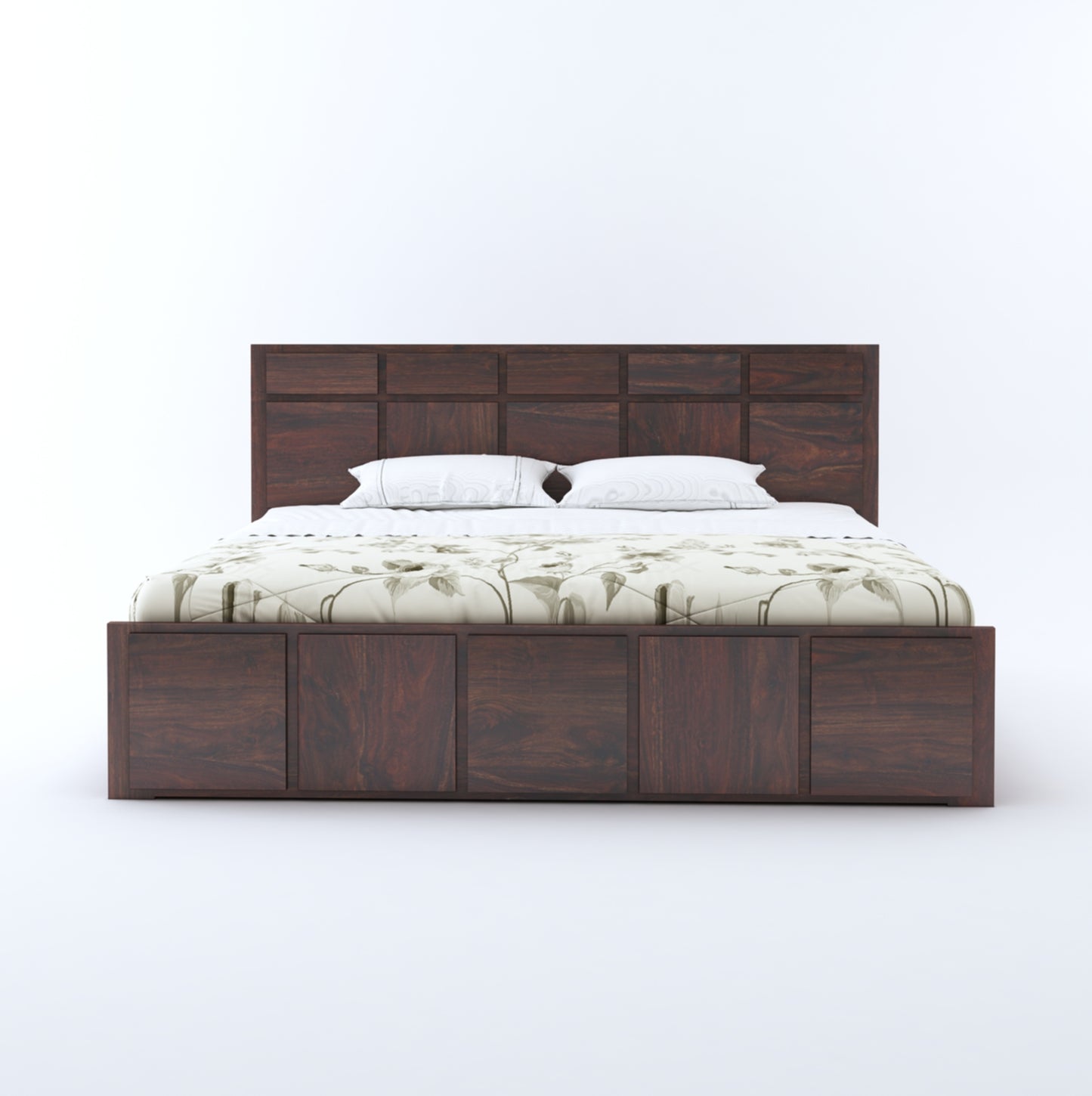 Solid Wood King Size Bed with Headboard and Storage | Elegant Dark Finish Modern Design - Modern Wooden Double Bed with Storage and Minimalist Design