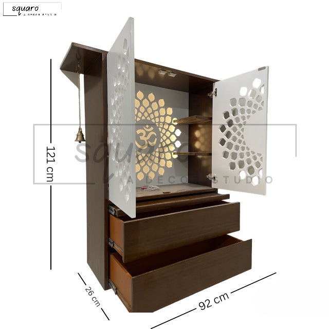 Elegant home temple with backlit Om symbol, decorative panel doors, and spacious drawers, perfect for creating a serene worship environment.