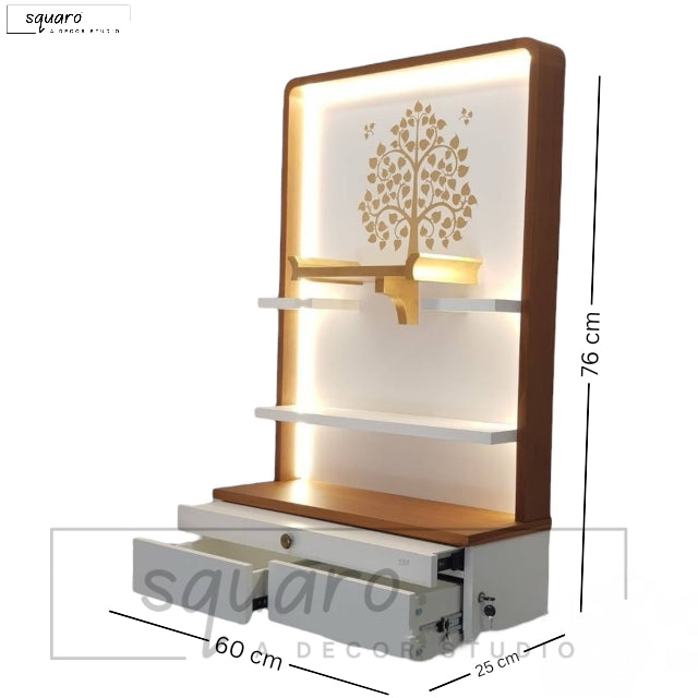 A sophisticated pooja unit with a combination of wood and white elements, built-in drawers, and a divine tree motif for a peaceful ambiance.