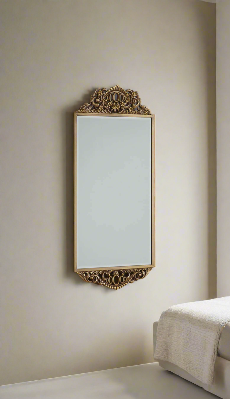 Vintage Gold Ornate Wall Mirror – Rectangular Decorative Mirror for Classic Home Decor | Timeless Elegance in Premium Teakwood