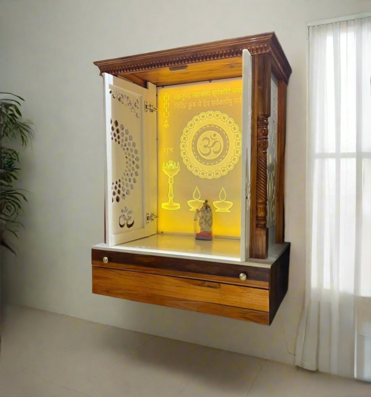 Modern wall-mounted pooja mandir made of teakwood and Corian, featuring divine lighting and spiritual motifs for peaceful home interiors.
