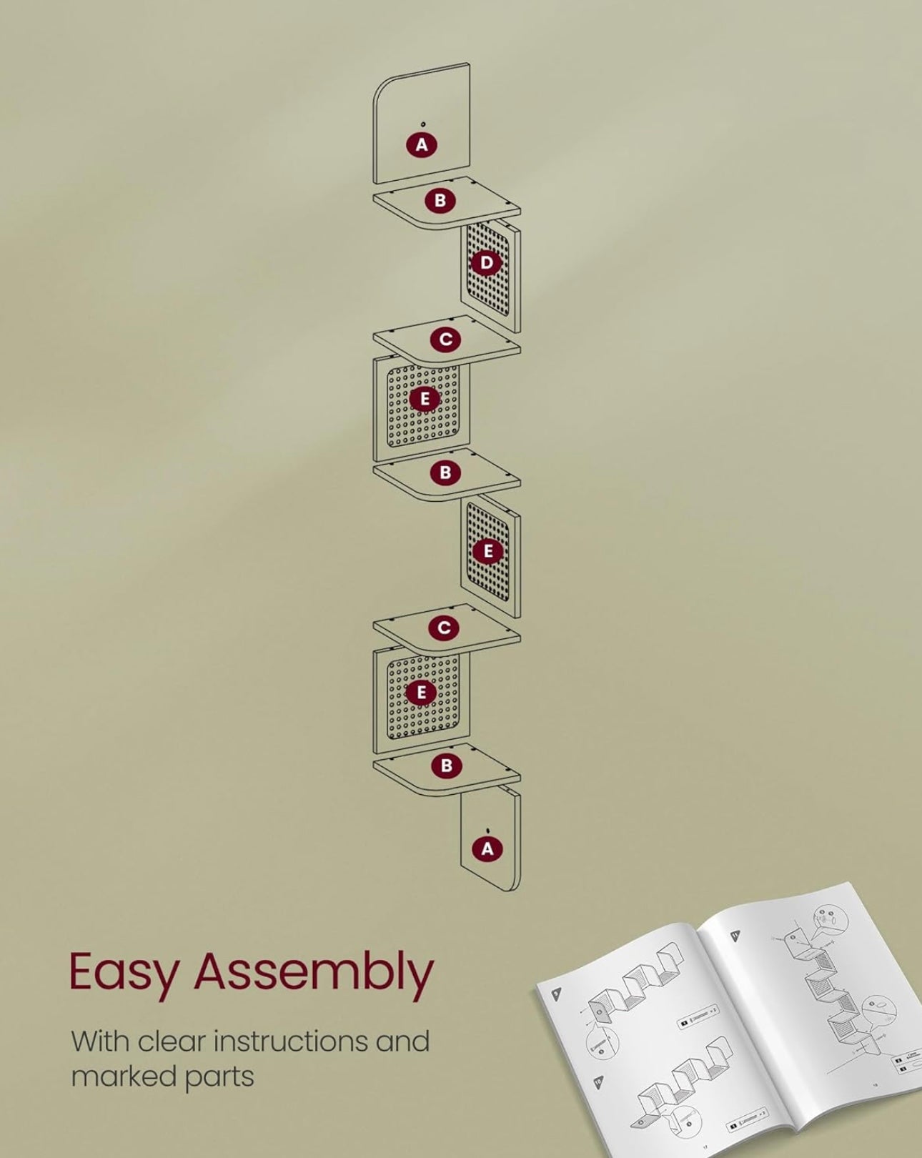 Elegant handcrafted cane and wood corner unit mounted on a white wall, styled with minimal decor.