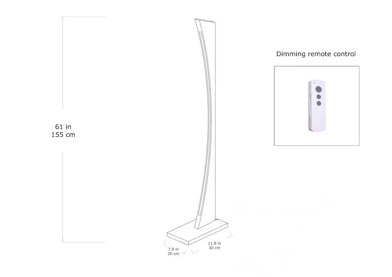 Dimension chart and remote control details of curved LED floor lamp – 61 inches tall with dimming remote and foot switch.