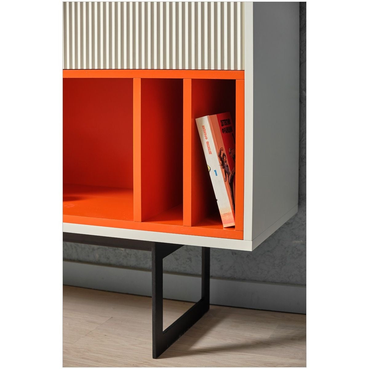 Modern Sideboard Cabinet with Ribbed Doors and Orange Accent Shelves - Contemporary Storage Unit