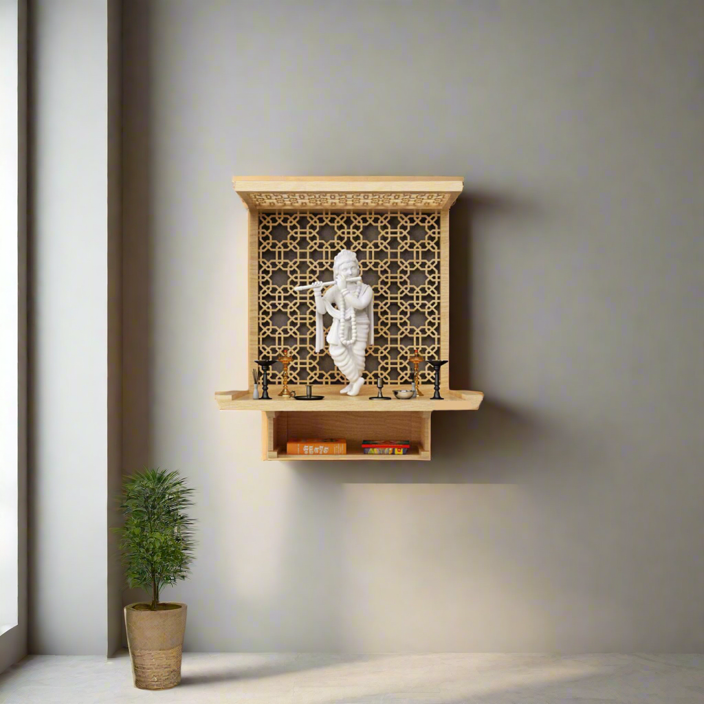 Contemporary compact mandir for urban homes featuring artisan wooden work and a divine marble Krishna idol.