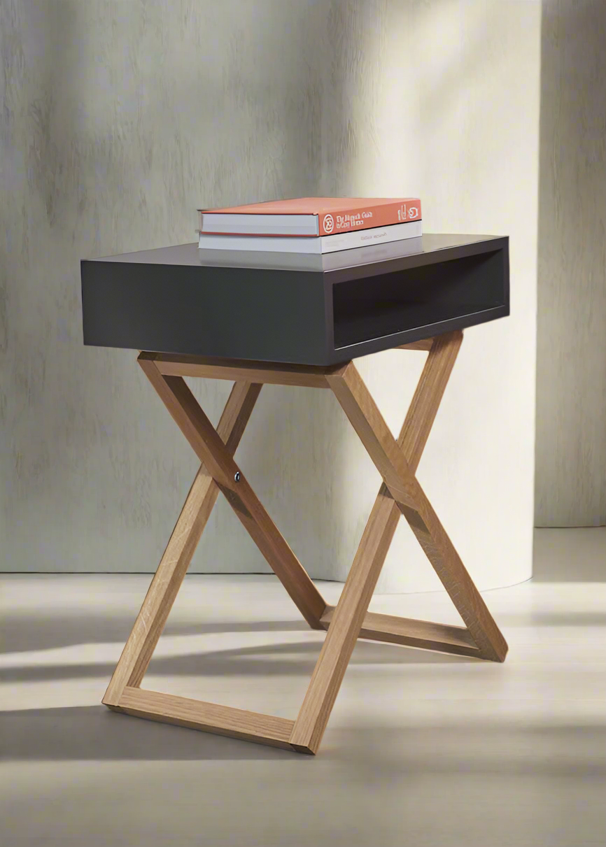Cross Leg Bedside Table Black With Natural Wood | Modern Black Bedside Table with Wooden X-Frame Base | Stylish Nightstand with Open Storage