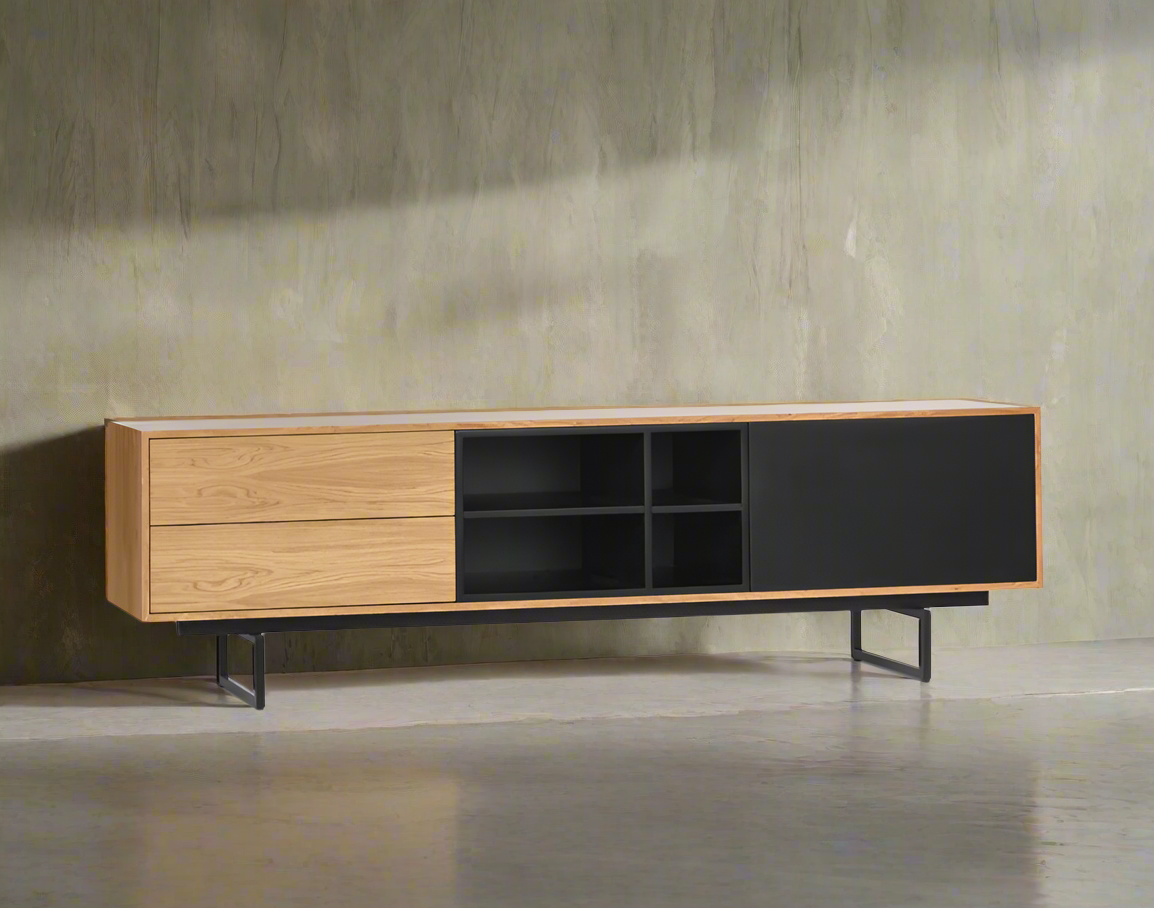Modern TV Cabinet with Black and Wooden Finish - Stylish Media Console with Storage Shelves and Drawers