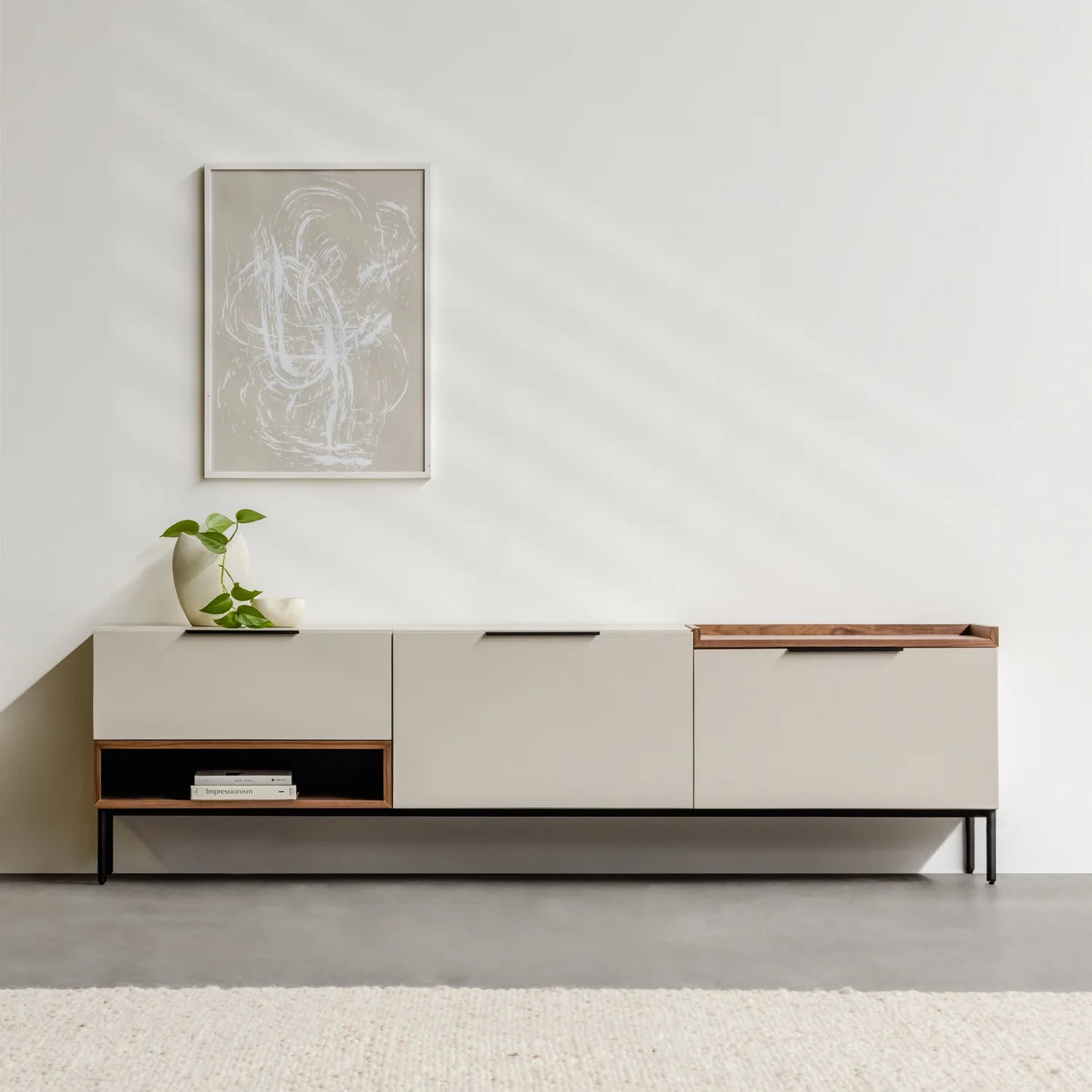 Modern Minimalist TV Cabinet with Storage - Sleek Media Console in Neutral Finish and Wooden Accents