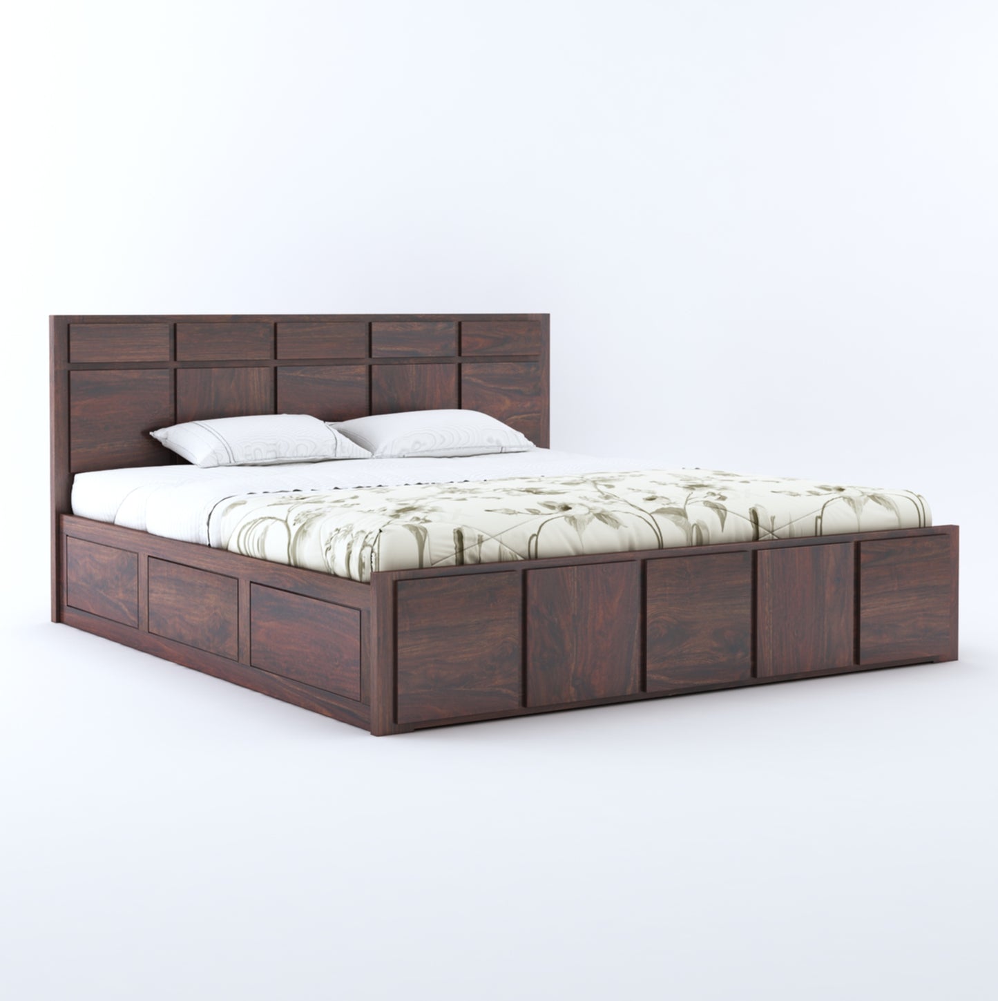 Solid Wood King Size Bed with Headboard and Storage | Elegant Dark Finish Modern Design - Modern Wooden Double Bed with Storage and Minimalist Design