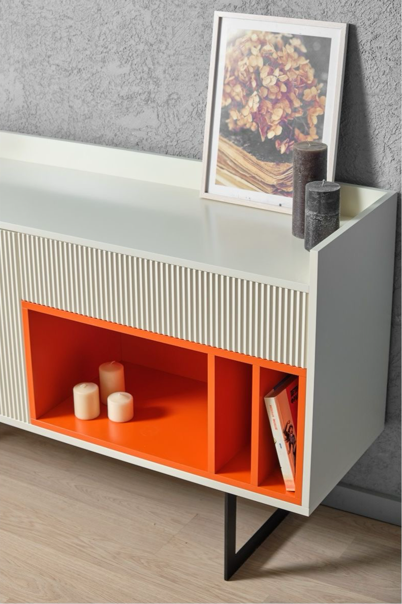 Modern Sideboard Cabinet with Ribbed Doors and Orange Accent Shelves - Contemporary Storage Unit
