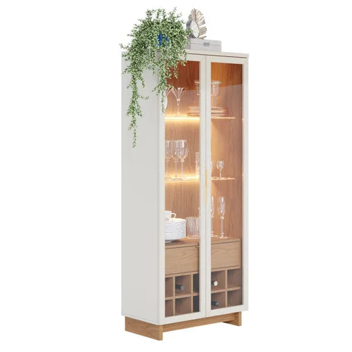 Elegant Glass Display Cabinet with LED Lights – Perfect for Dining Room or Kitchen Storage | Modern Glass Display Cabinet with LED Lighting and Wine Storage
