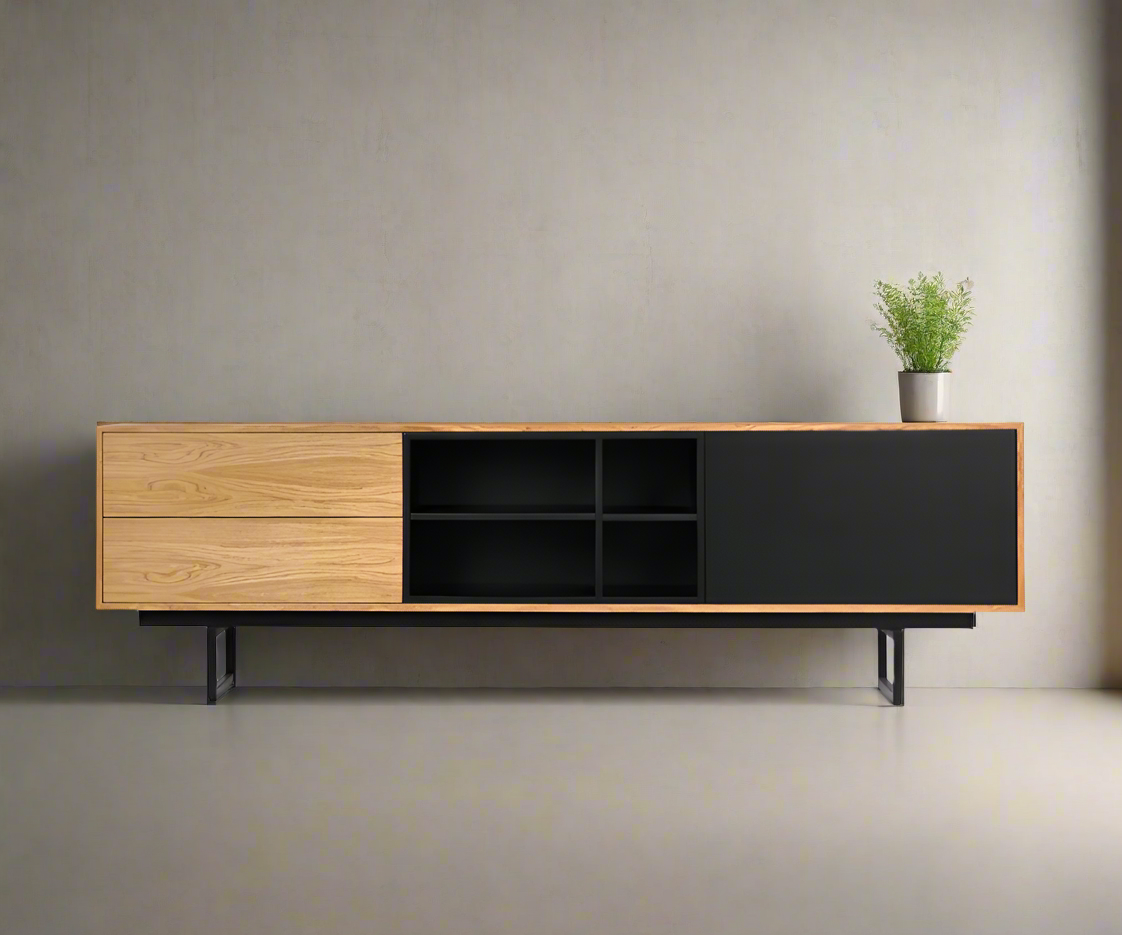 Modern TV Cabinet with Black and Wooden Finish - Stylish Media Console with Storage Shelves and Drawers