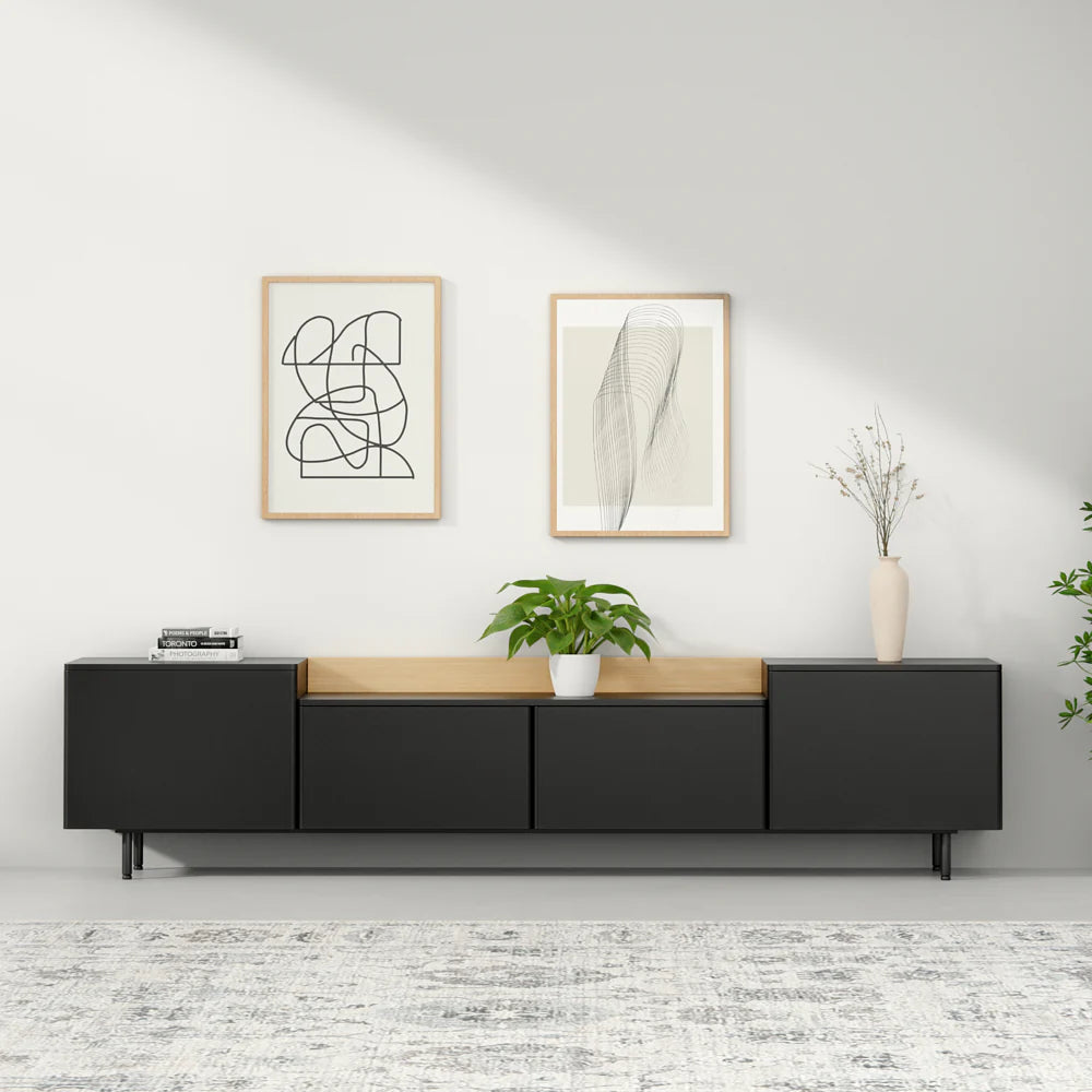 Sleek Black TV Cabinet with Wooden Accent and Modern Storage Design | Modern Black TV Cabinet with Wooden Top and Stylish Storage Solutions