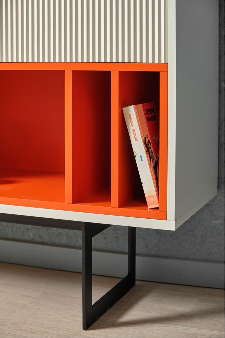 Modern Sideboard Cabinet with Ribbed Doors and Orange Accent Shelves - Contemporary Storage Unit