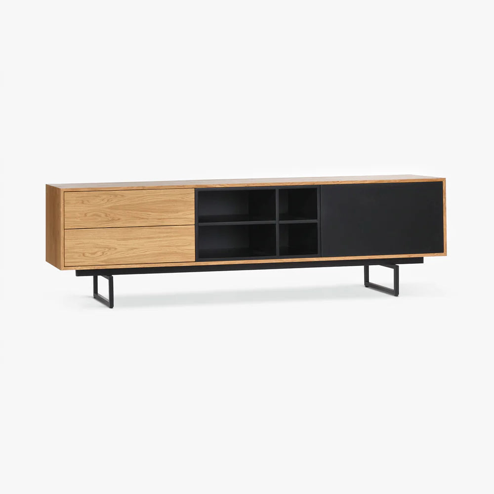 Modern TV Cabinet with Black and Wooden Finish - Stylish Media Console with Storage Shelves and Drawers